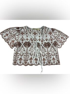 Rebellion White Crop Top with Brown Floral Embroidery and Front Tie boho S/M